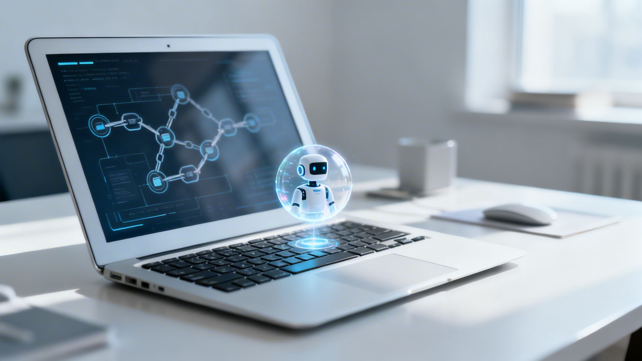 Laptop displaying a network diagram on screen with a glowing AI robot emerging from the keyboard.