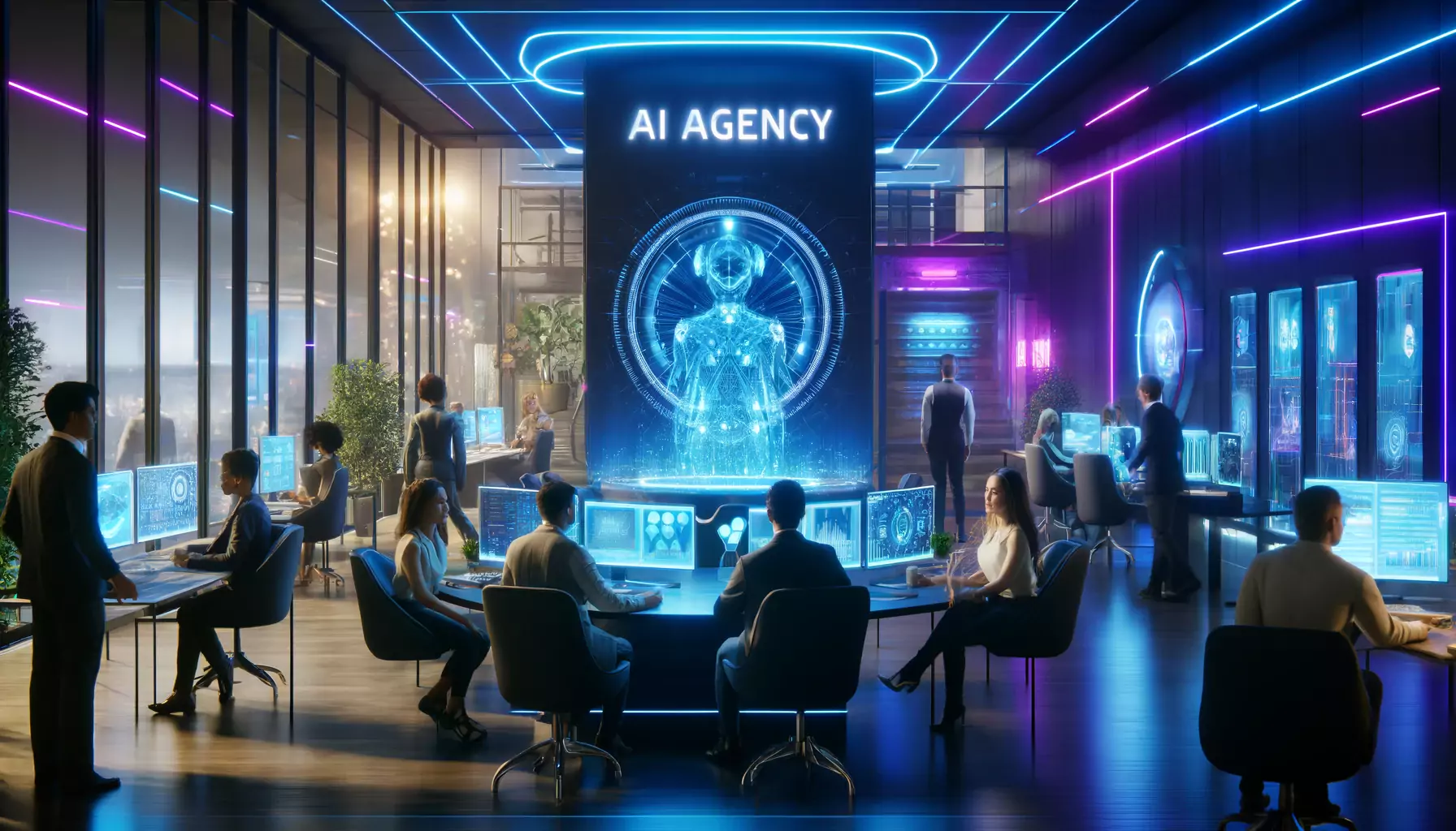 Hero moderne représentant l'intelligence artificielle - Gradients bleu indigo et violet, neural networks abstraits, interface futuriste avec dashboard IA