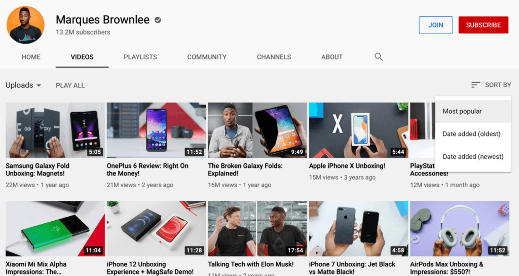 Screenshot of YouTube channel