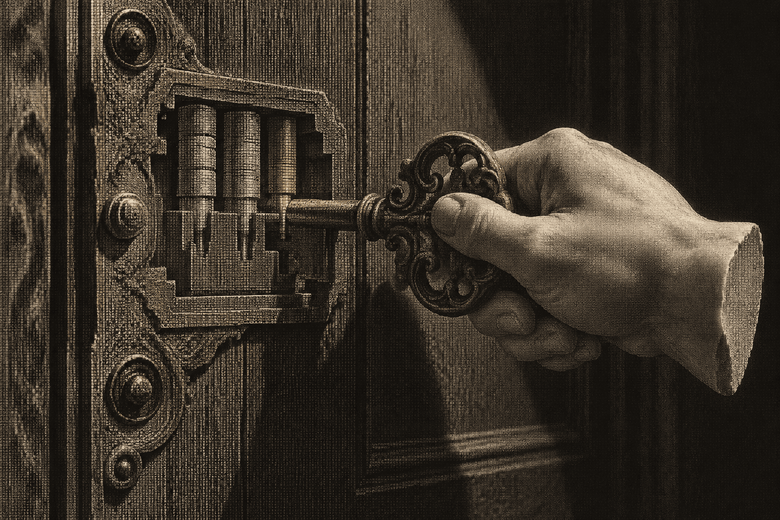 A marble hand turning a large key in an ornate lock, two tumblers in line and the third rising into place in yellow