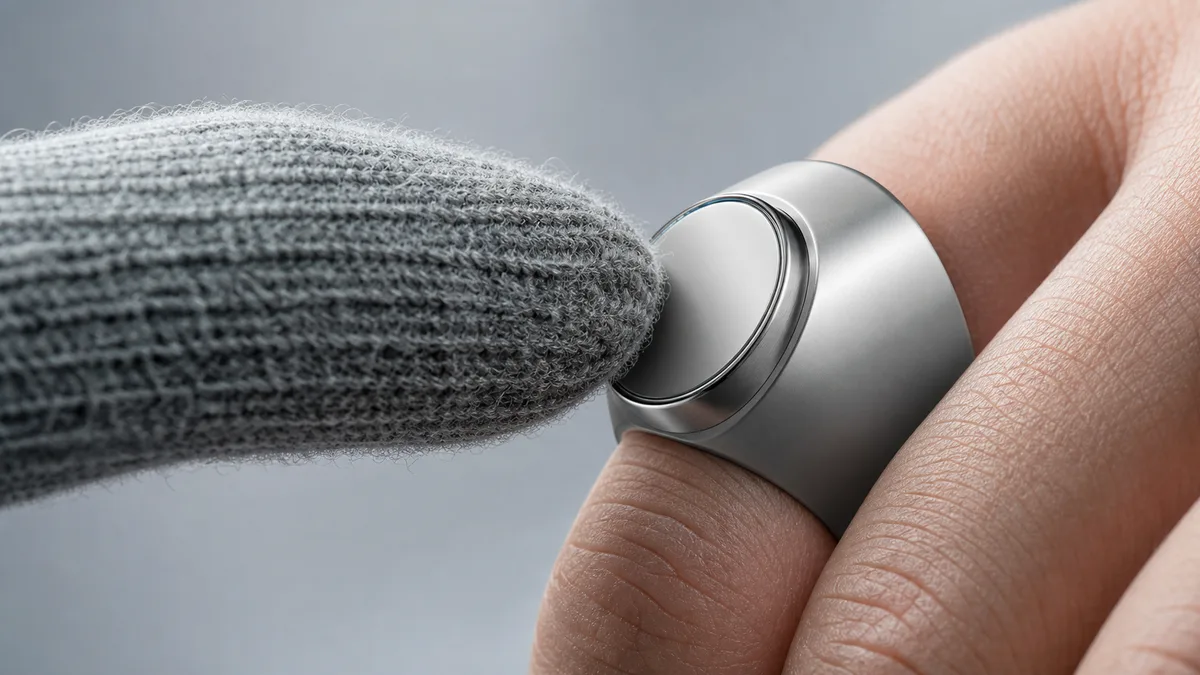 Gloved fingertip touching the smooth sensor of a silver zikr ring worn on a bare finger