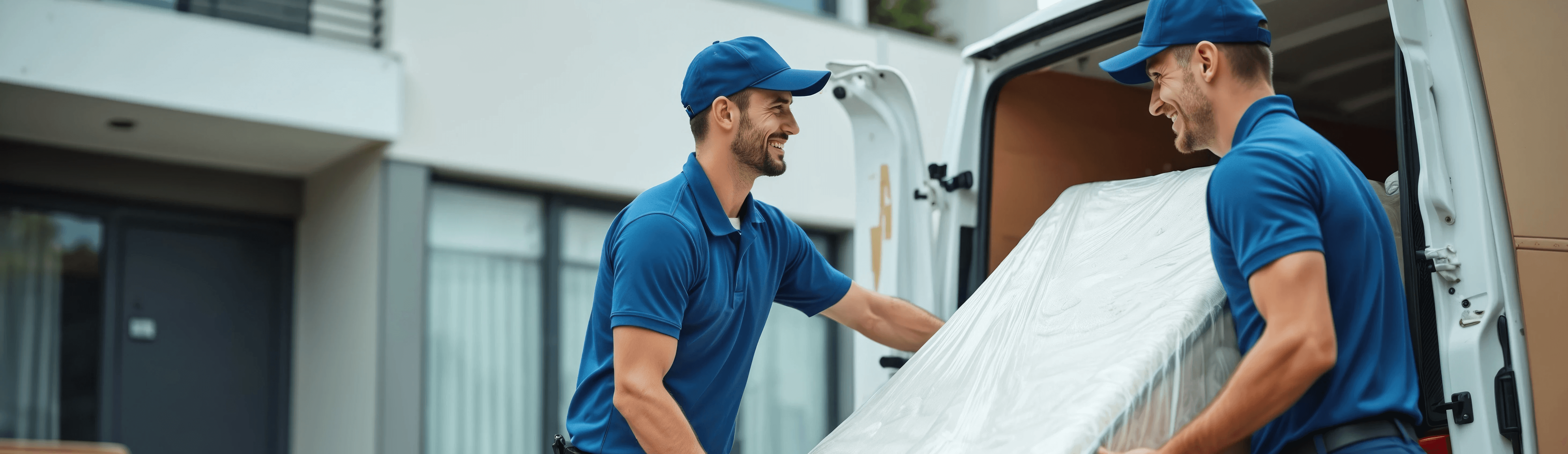 Professionelle Lieferung und Montage von Objekteinrichtungen durch freundliche Servicemitarbeiter in blauer Uniform
