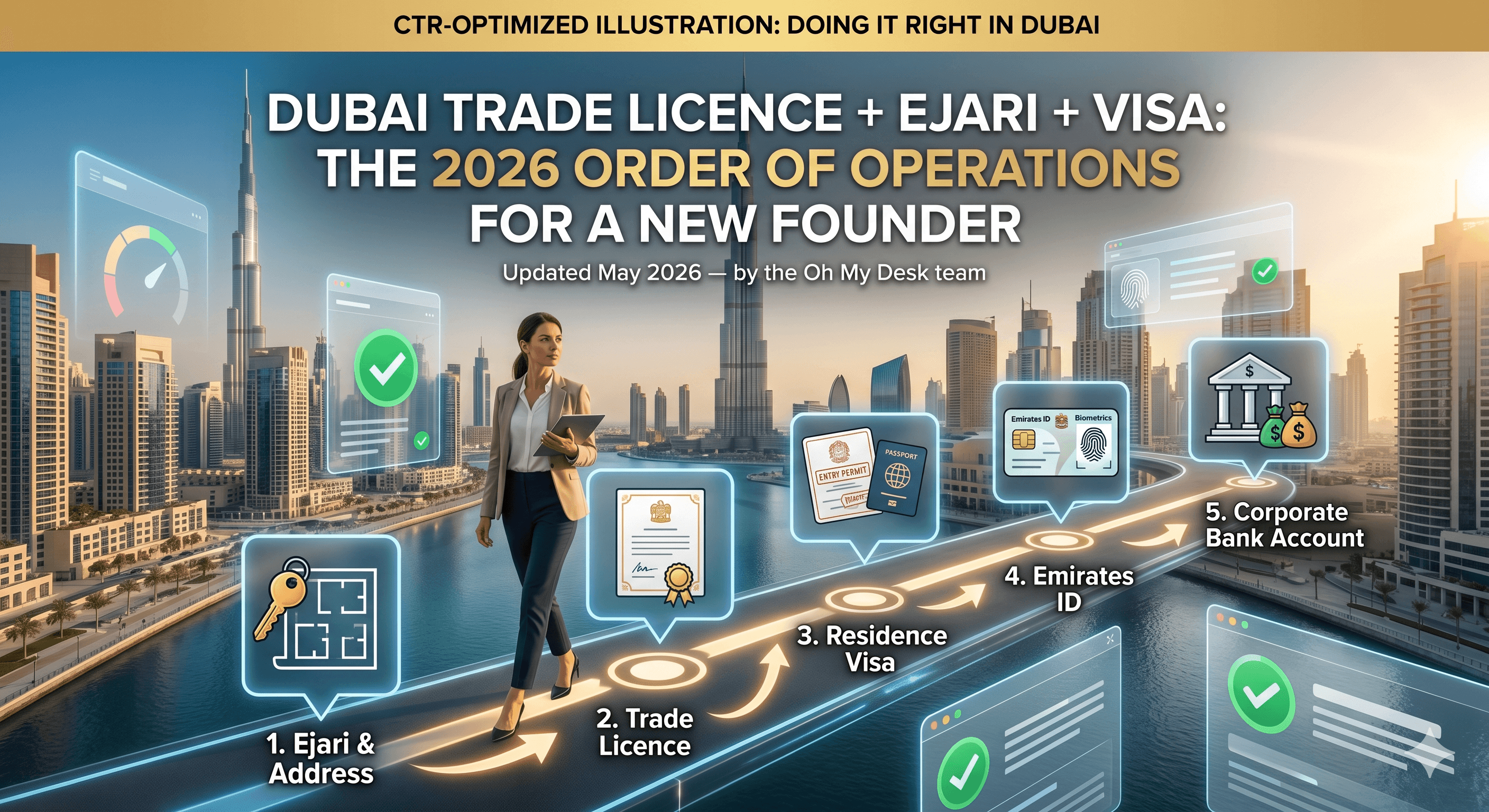 Founder reviewing Dubai trade licence, UAE passport and Emirates ID at a Downtown Dubai coworking space, illustrating the 2026 business setup order