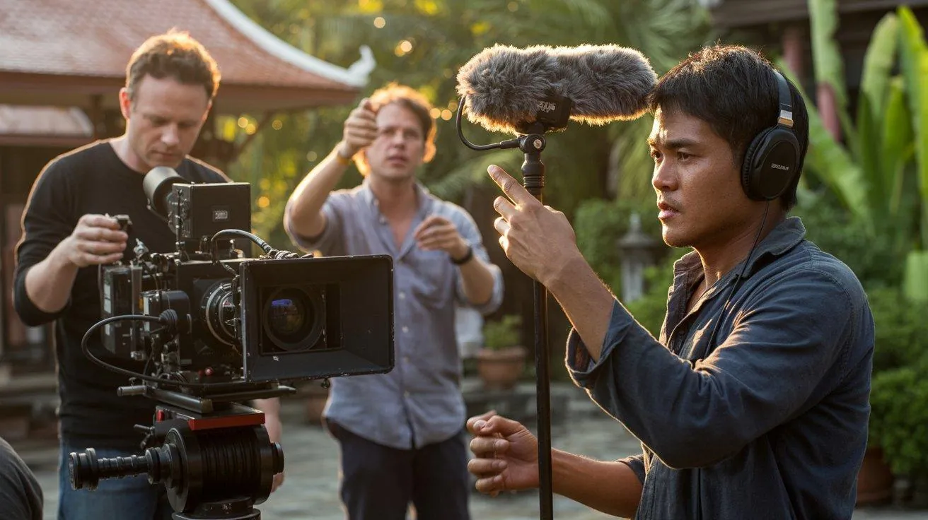 International director working with a Thai camera and sound crew on location