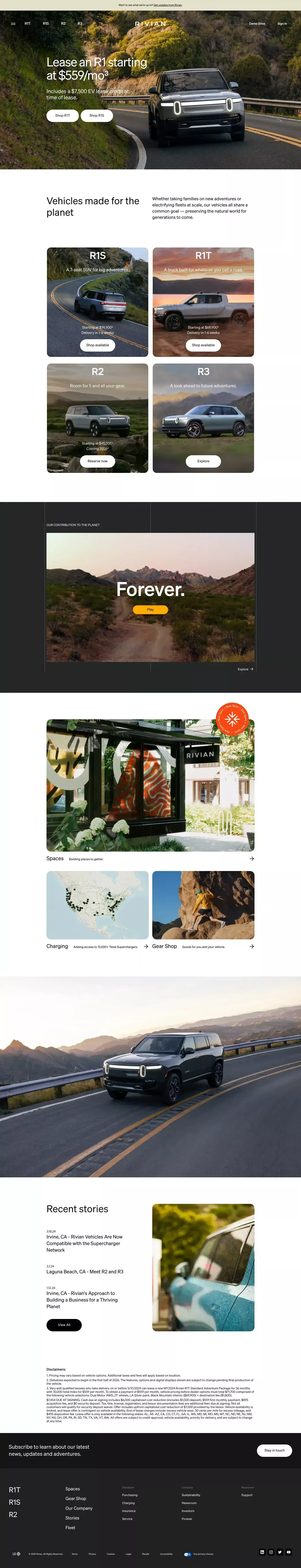 Rivian - Electric Adventure Vehicles landing page screenshot showcasing Tech and Automotive design