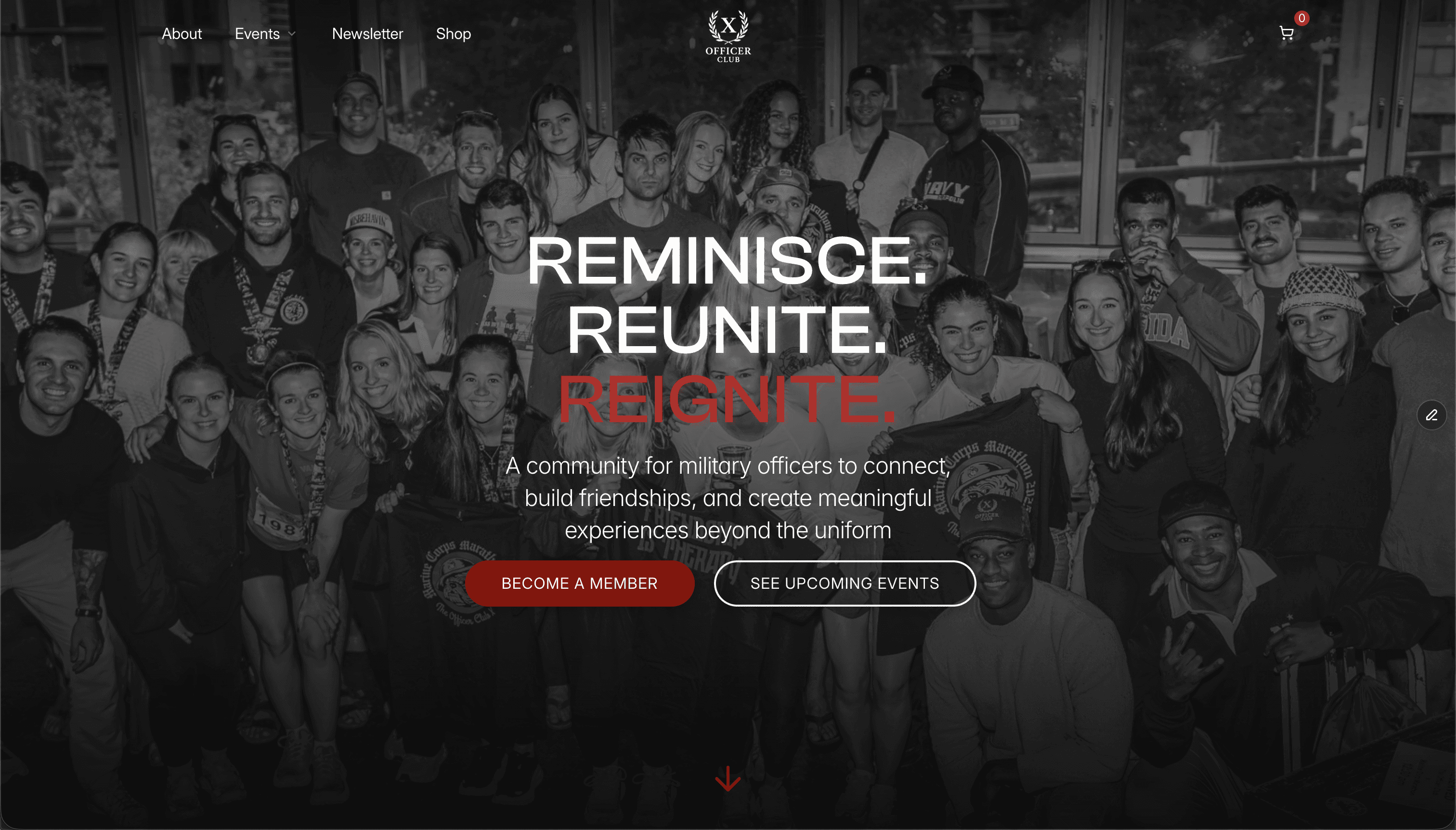 Hero section of TheOfficerClubX website featuring the tagline 'Reminisce. Reunite. Reignite.' and a vibrant image of military officers, families, and friends connecting. The section includes buttons to join the club and view events.