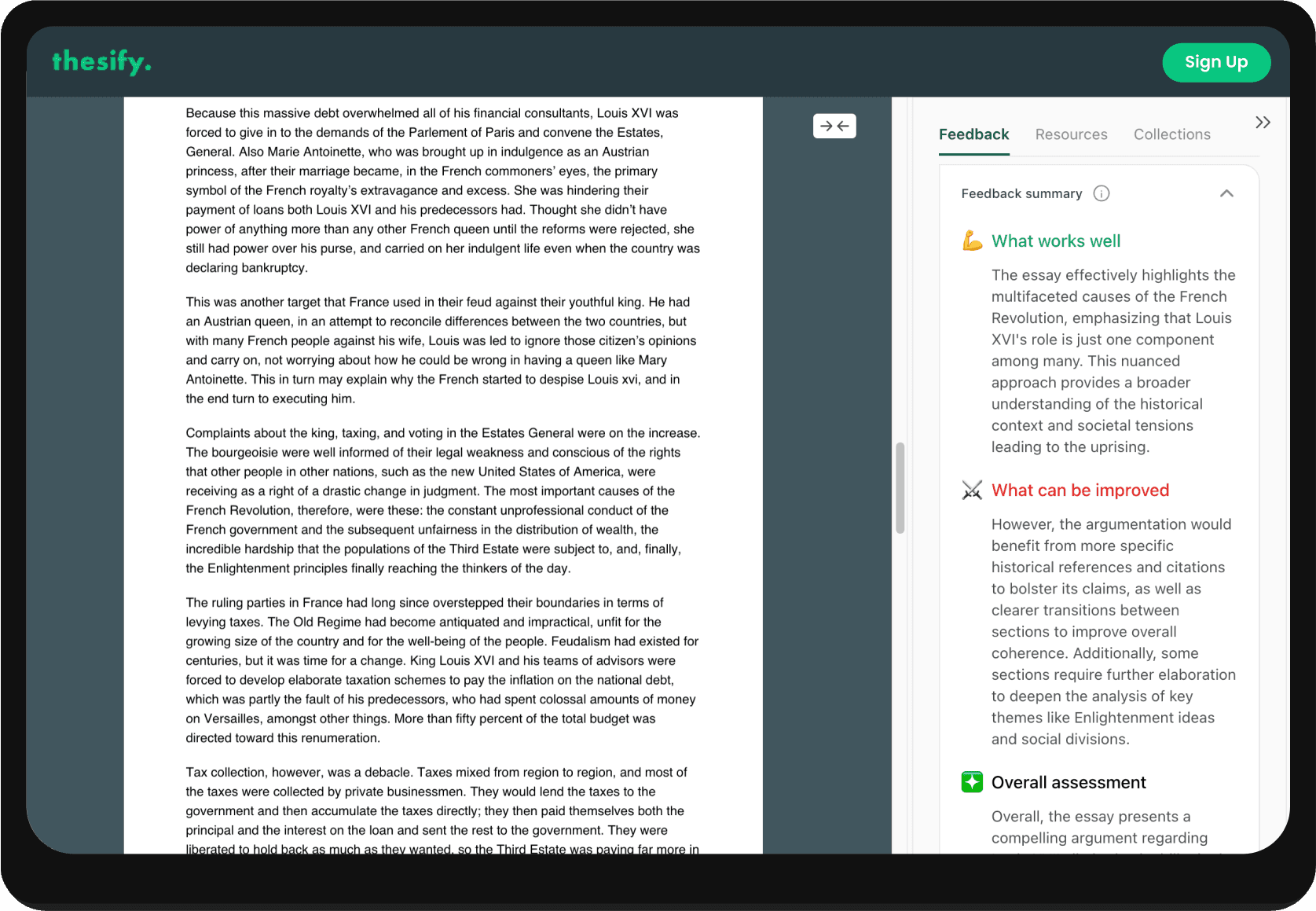 screenshot of thesify's feedback summary