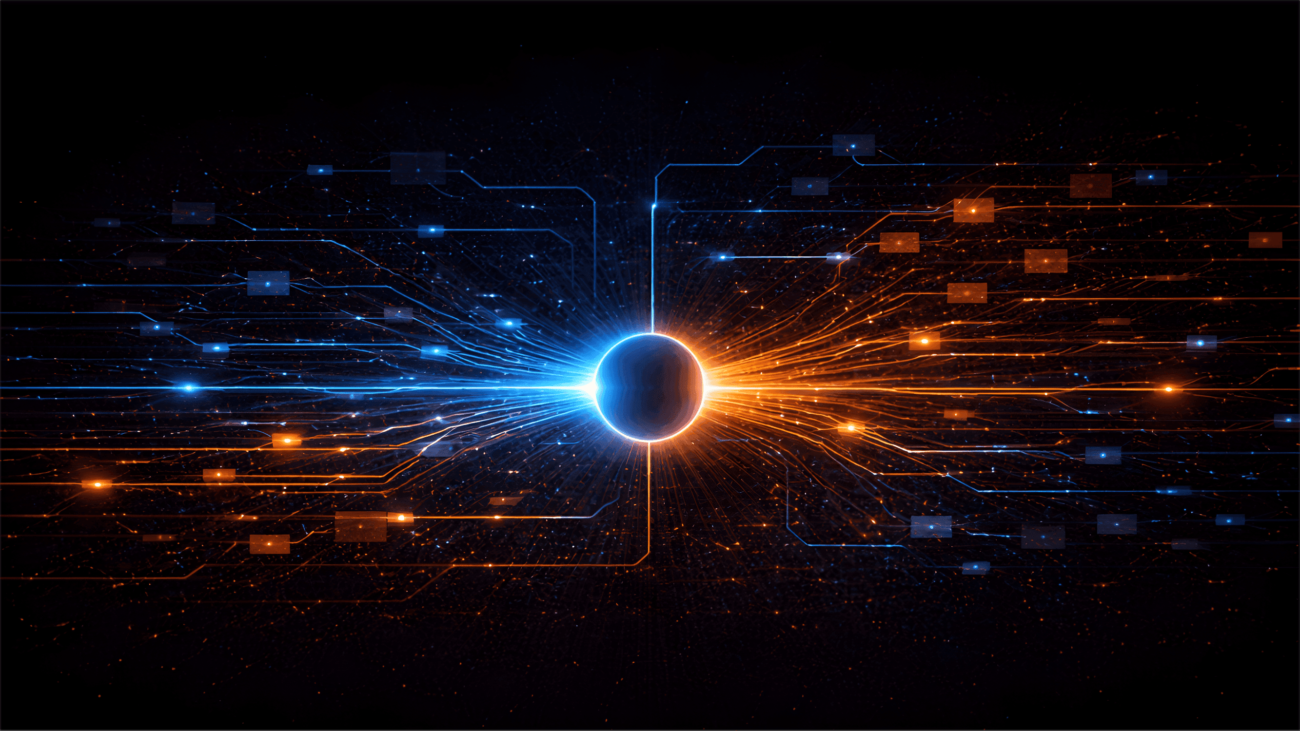 Abstract visualization of data quality systems where multiple inconsistent data streams are processed through a central control point, resulting in cleaner, structured flows, representing validation, normalization, and reliable automation inputs.