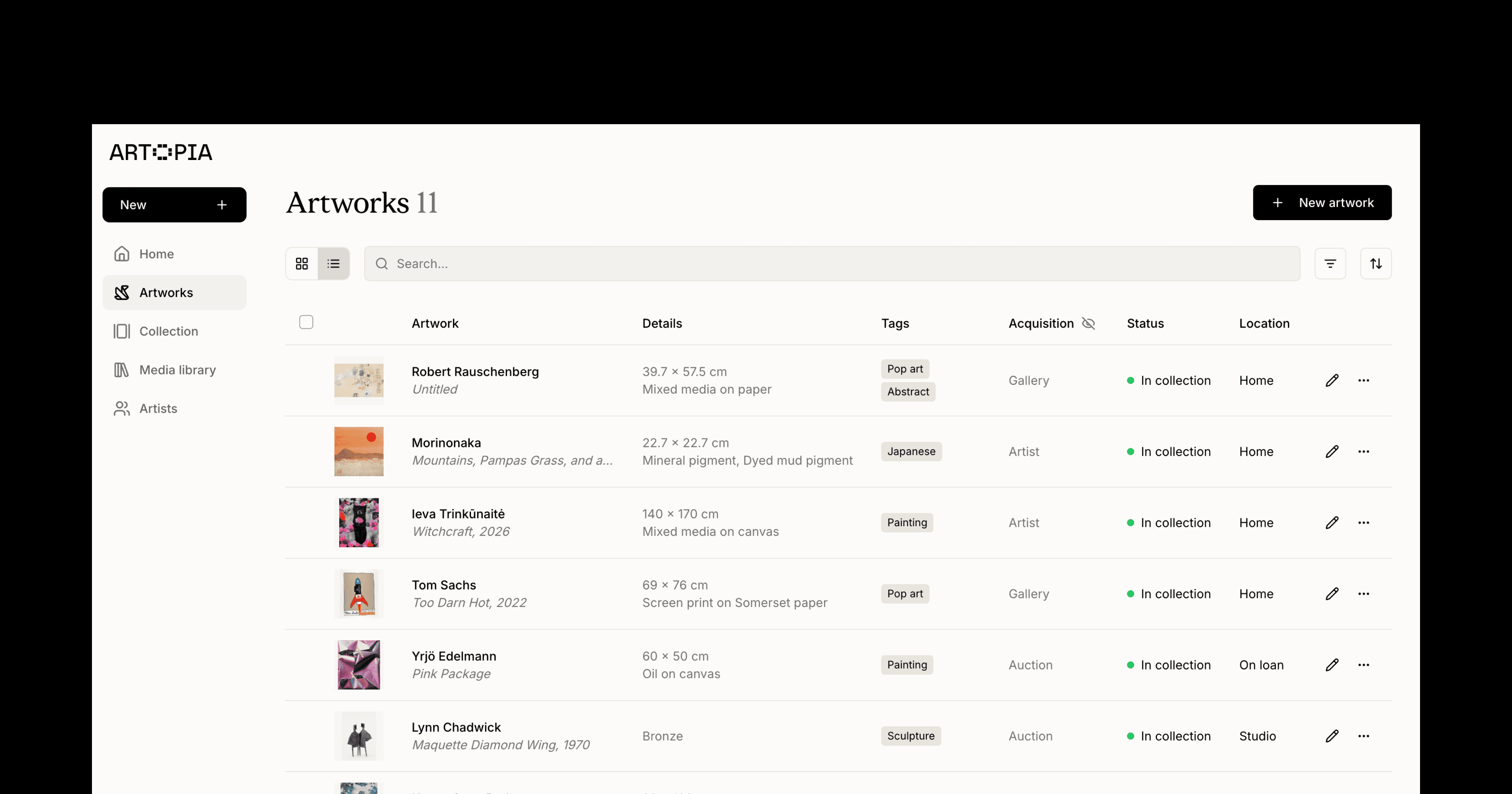 Art collection management software screenshot of Artopia