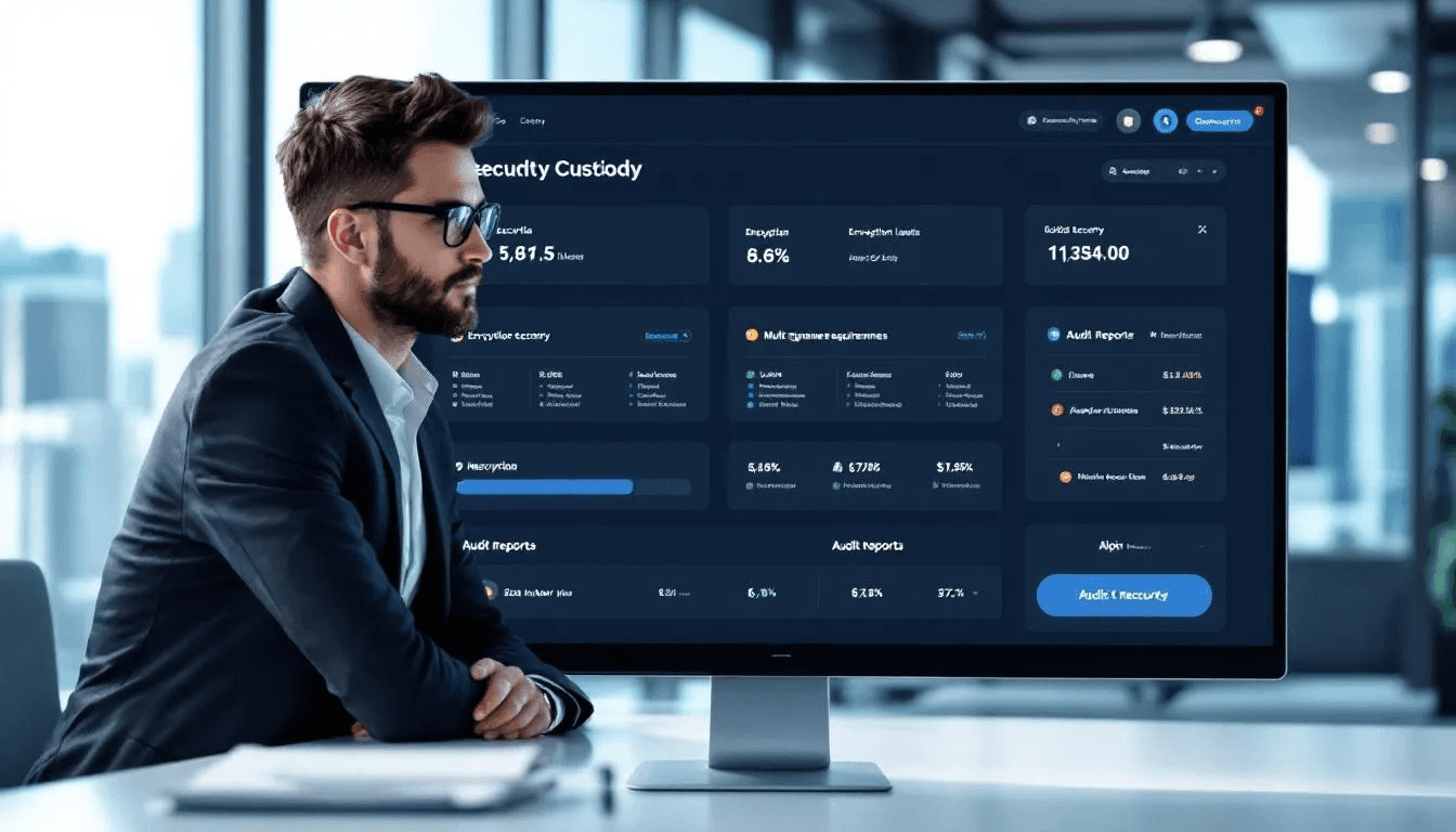 An investor is analyzing various cryptocurrency custody solutions on a digital dashboard, which displays security metrics and risk management options for safeguarding client assets. The interface highlights different custody arrangements, including self custody and third-party custodians, tailored for institutional investors in the digital asset space.