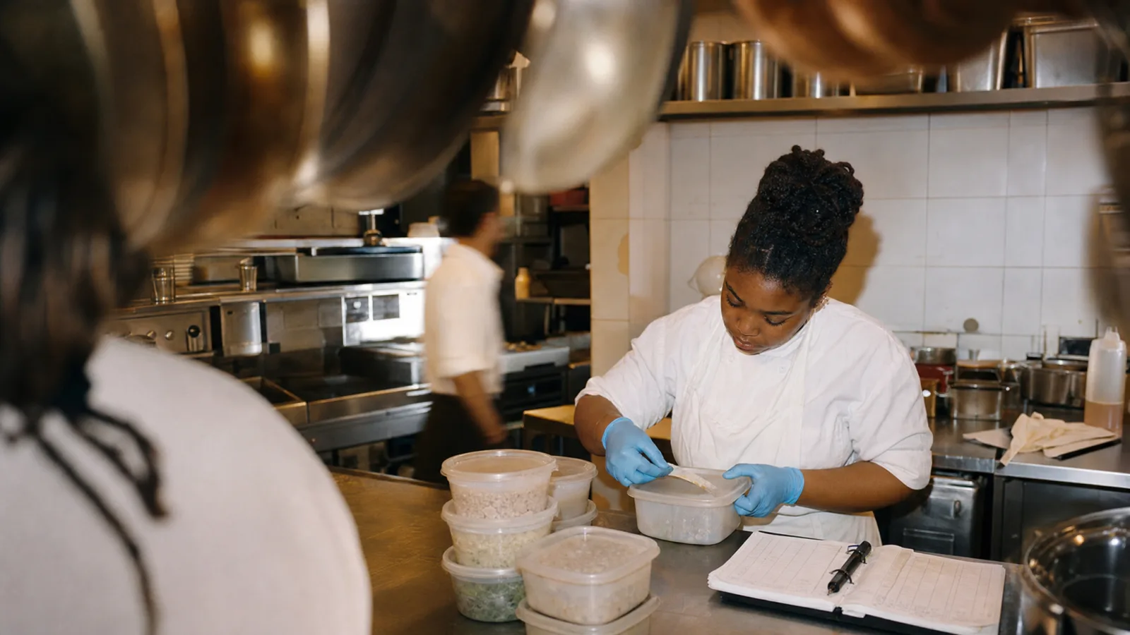 Cuoca con guanti applica un'etichetta con la data su un contenitore accanto al registro HACCP