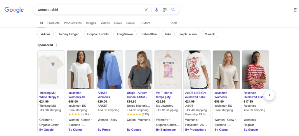 Google-Suche nach women t-shirt mit gesponserten Produktanzeigen von Google Shopping