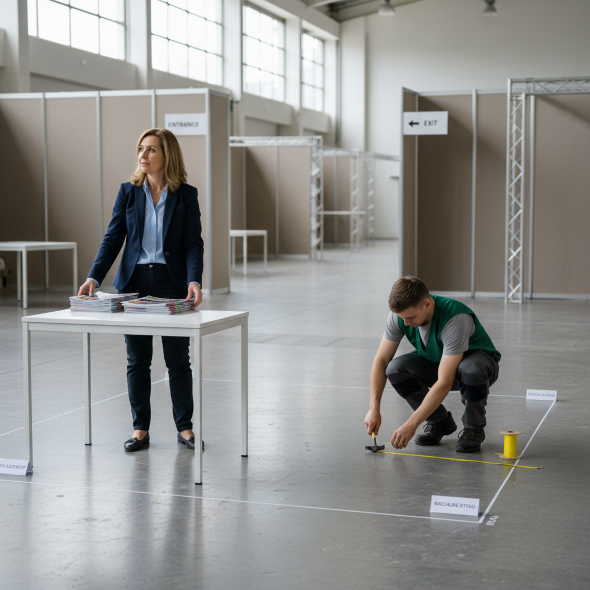 Eine klar markierte Standfläche ist mit Maßband, Kreide und kleinen Schildern vorbereitet. Ein Aussteller legt Prospekte auf einen leeren Tisch und prüft die Lage zur Ganglinie. Im Hintergrund sind Pfeile zu Ein- und Ausgängen sichtbar. Ein Mitarbeiter steckt eine Ecke neu ab.