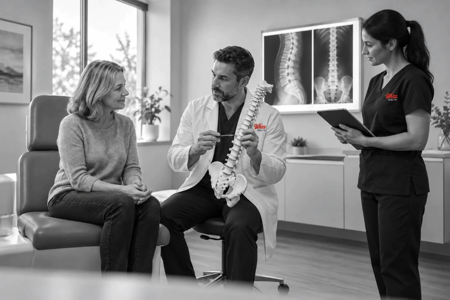 Pain and spine physician explaining a spine model to a patient while a Whizz Health research coordinator takes notes