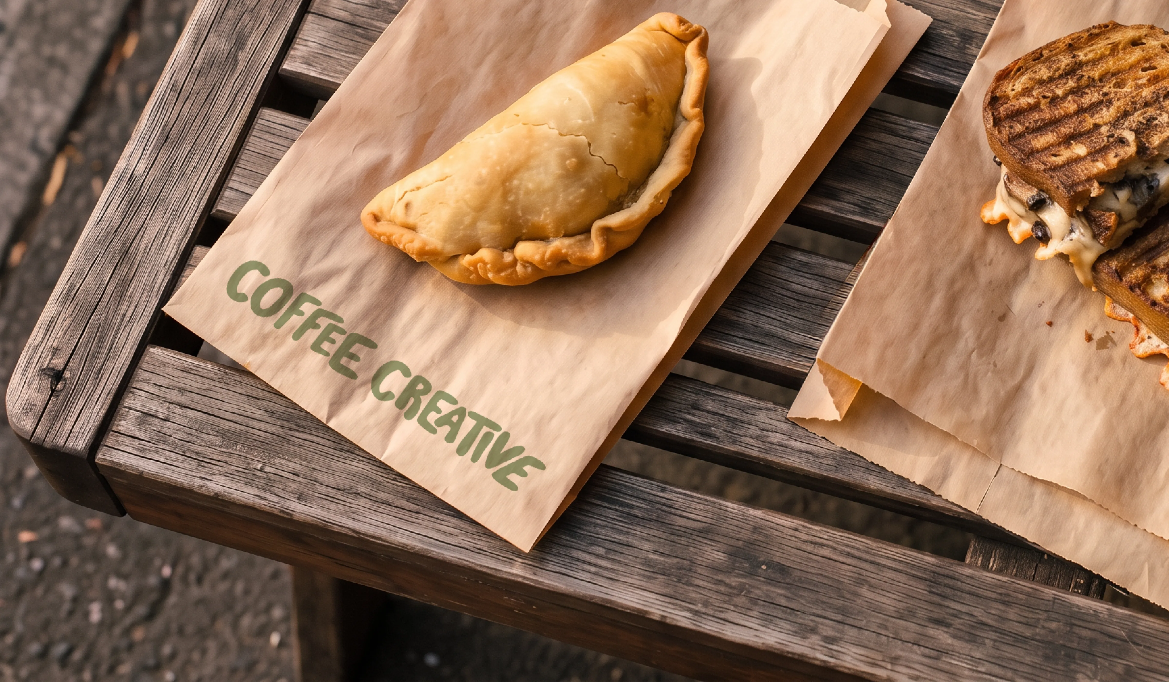 An empanada on a Coffee Creative branded paper bag with green logo design
