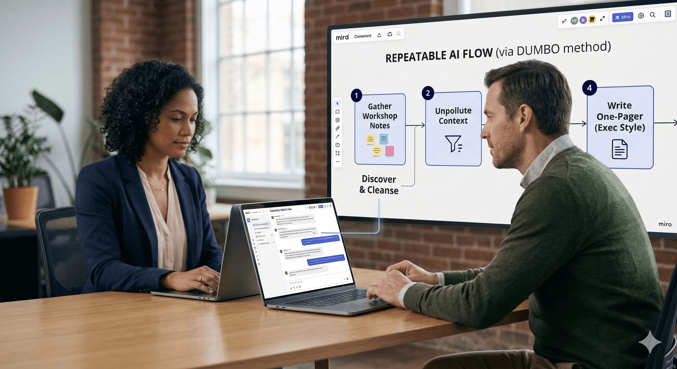 Two professionals in a modern office collaborate using laptops, engaging with a digital presentation titled "REPEATABLE AI FLOW (via DUMBO method)" on a large screen displaying steps to gather workshop notes and unpollute context.