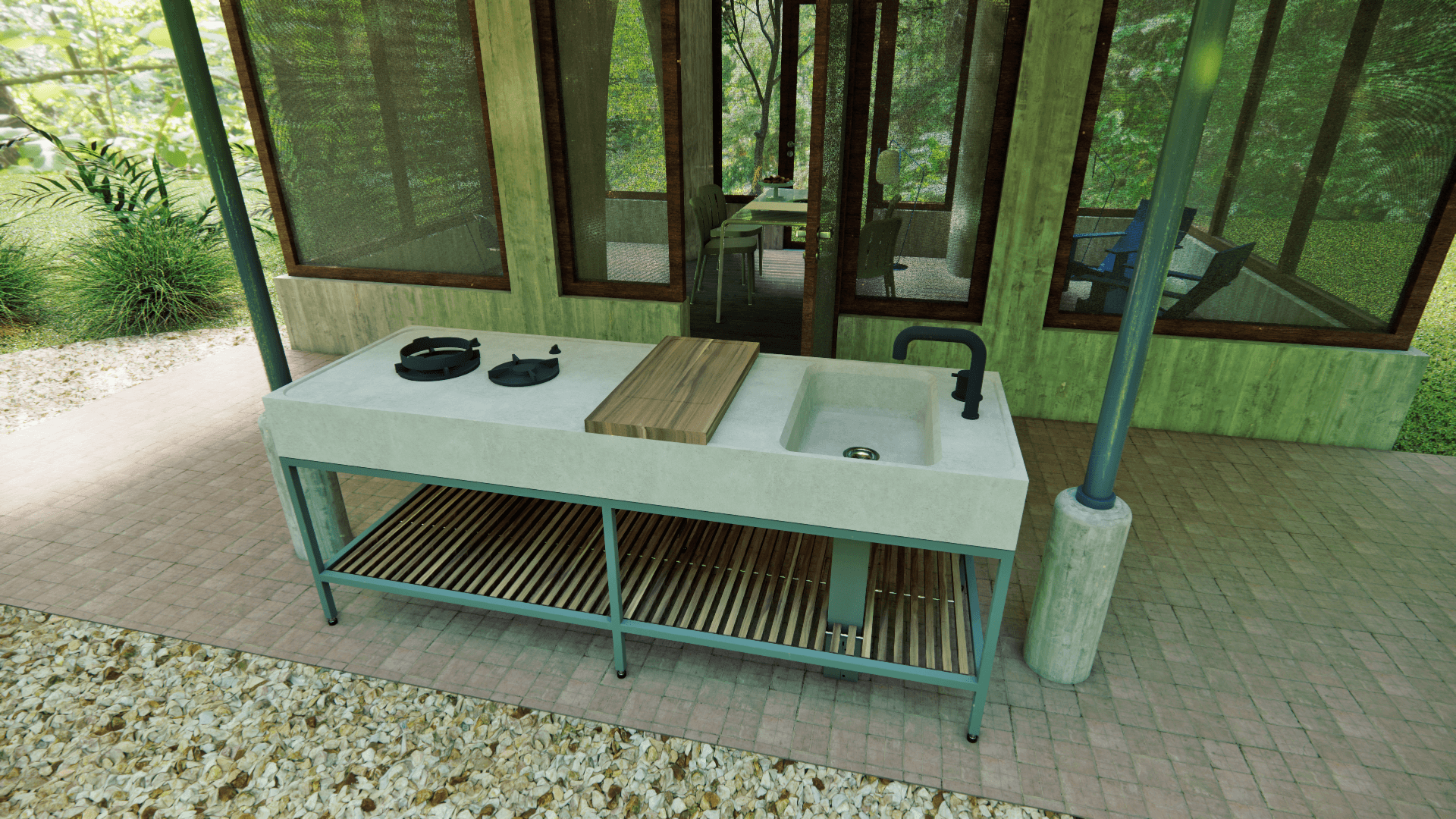 outdoor kitchen in Massachusetts forest