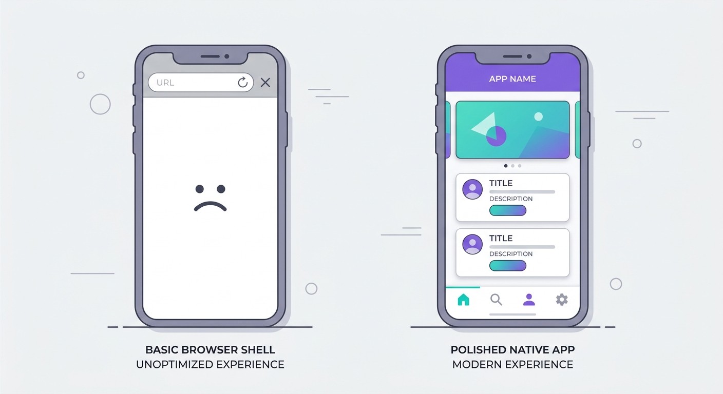 Comparison illustration of a plain webview browser shell versus a polished native app interface