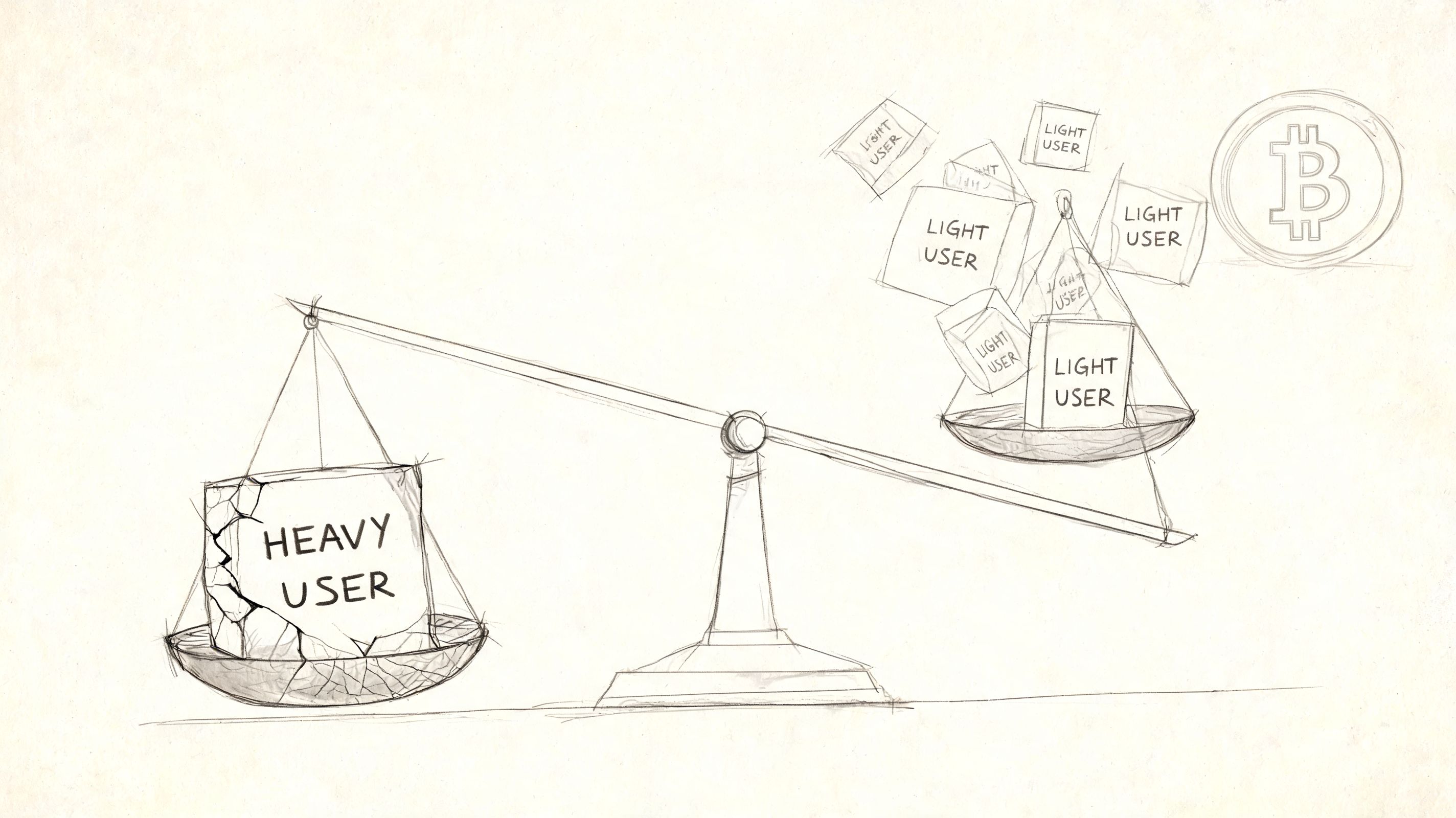 A conceptual sketch showing a scale balancing a single heavy user against many light users.