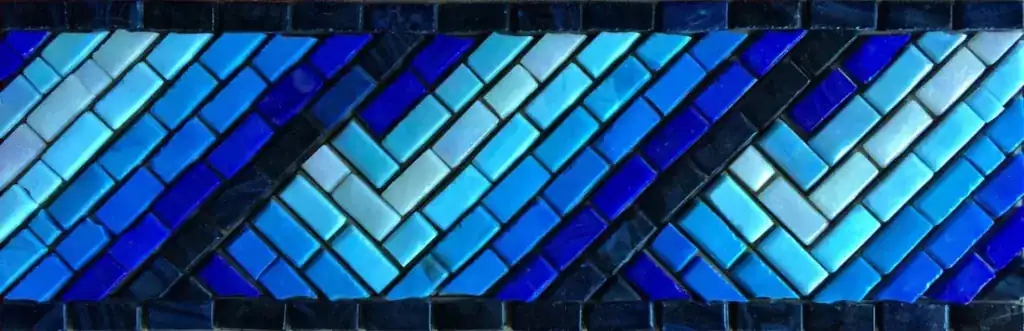 Herringbone mosaic border, Blues on navy, hand-cut — reference H-11, Mosaiclegs Art Studio