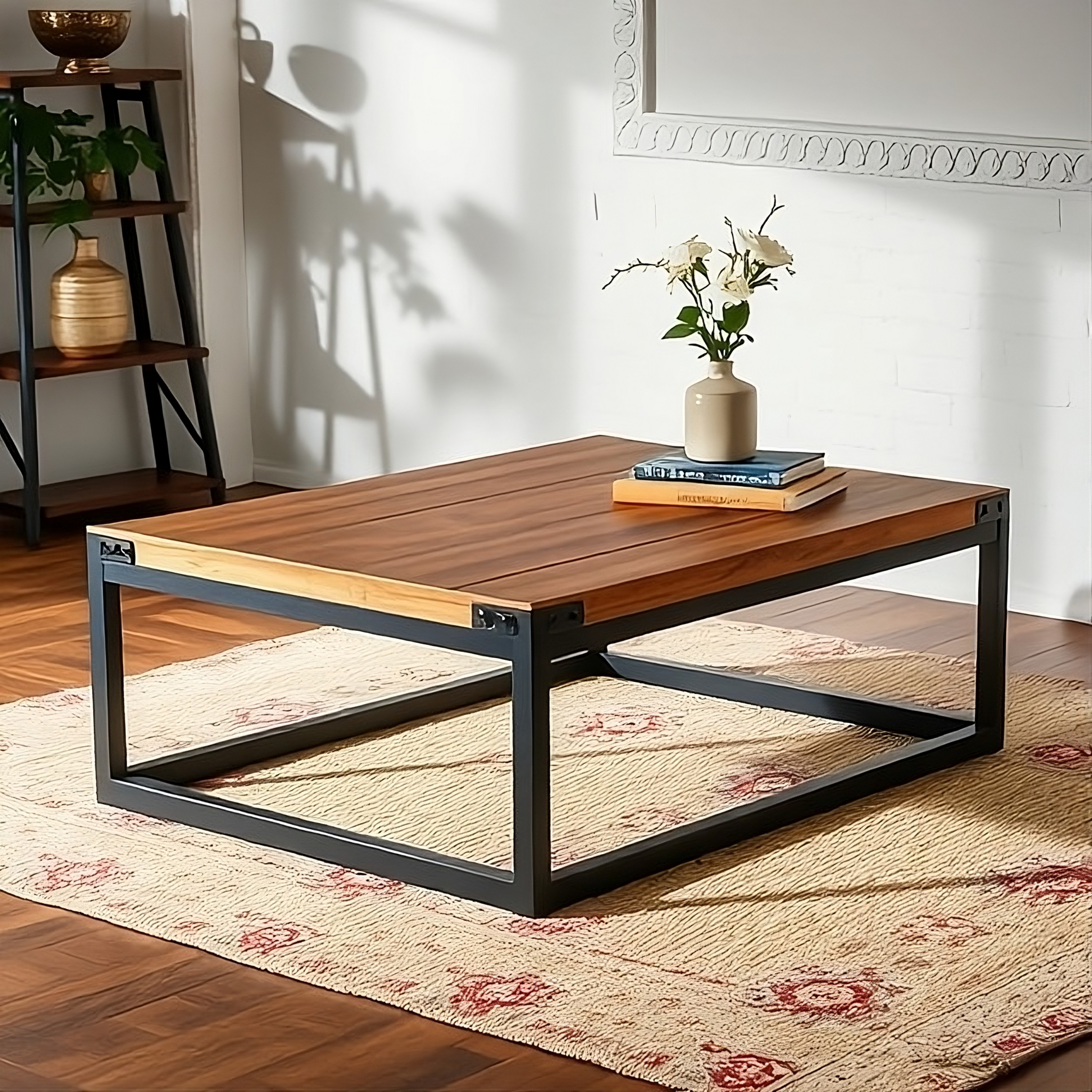 A wooden coffee table featuring a sleek metal frame, showcasing a modern design suitable for various interiors.