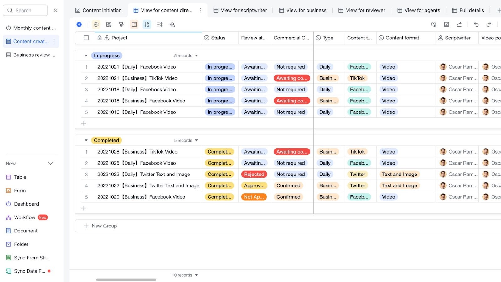 Lark Content Creation Workflow Management template