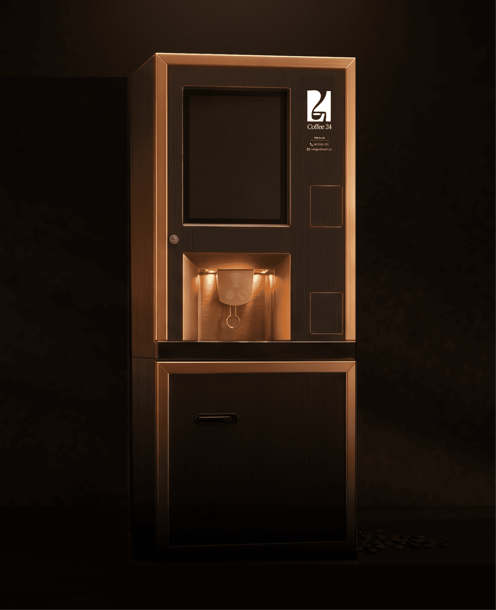 Inside view of the Coffee 24 bean-to-cup coffee vending machine showing bean hoppers, flavour dispensers, water tank and waste basket