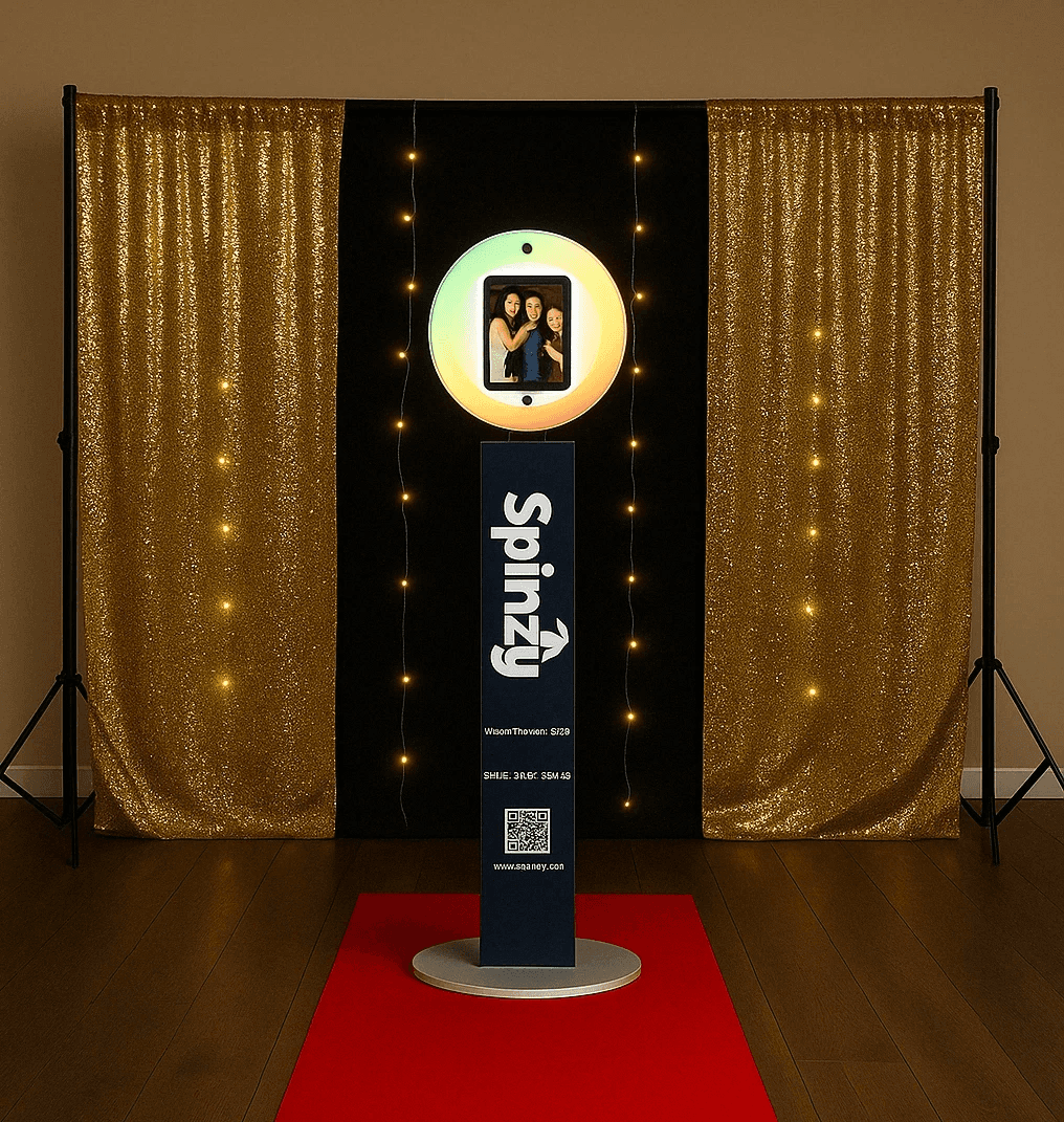 Spinzy Selfie photobooth Silver package setup with standard backdrop