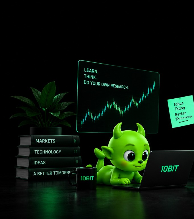 Bitzoo researching market trends on a laptop beside books and a crypto price chart