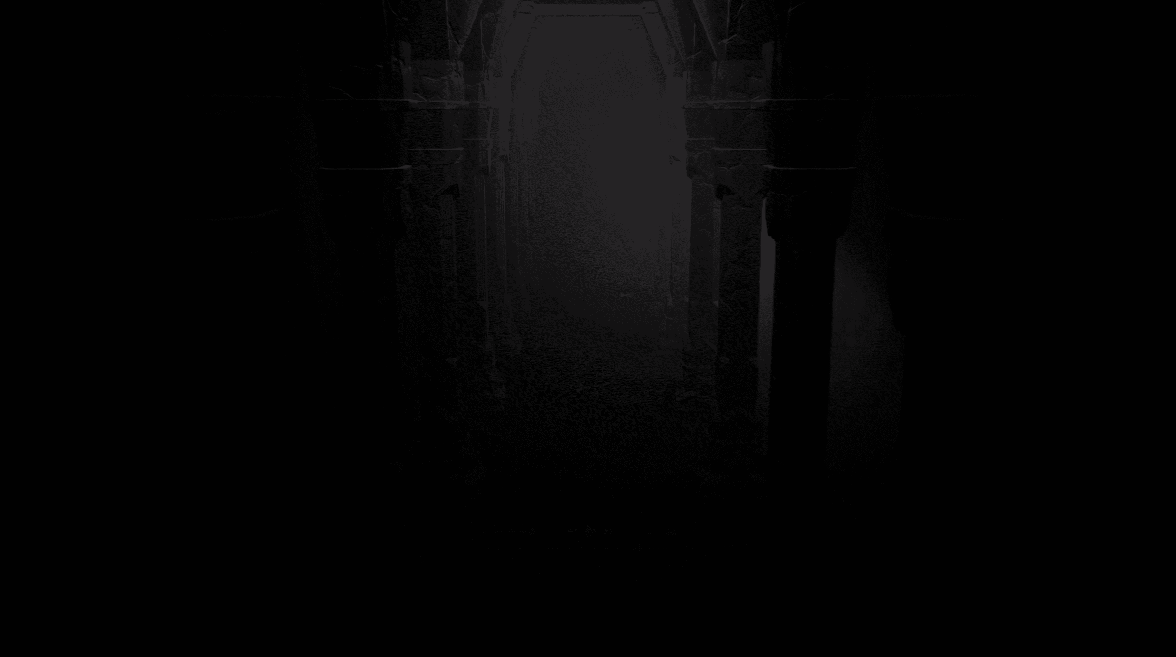 Near-black image of vast arches receding into darkness.