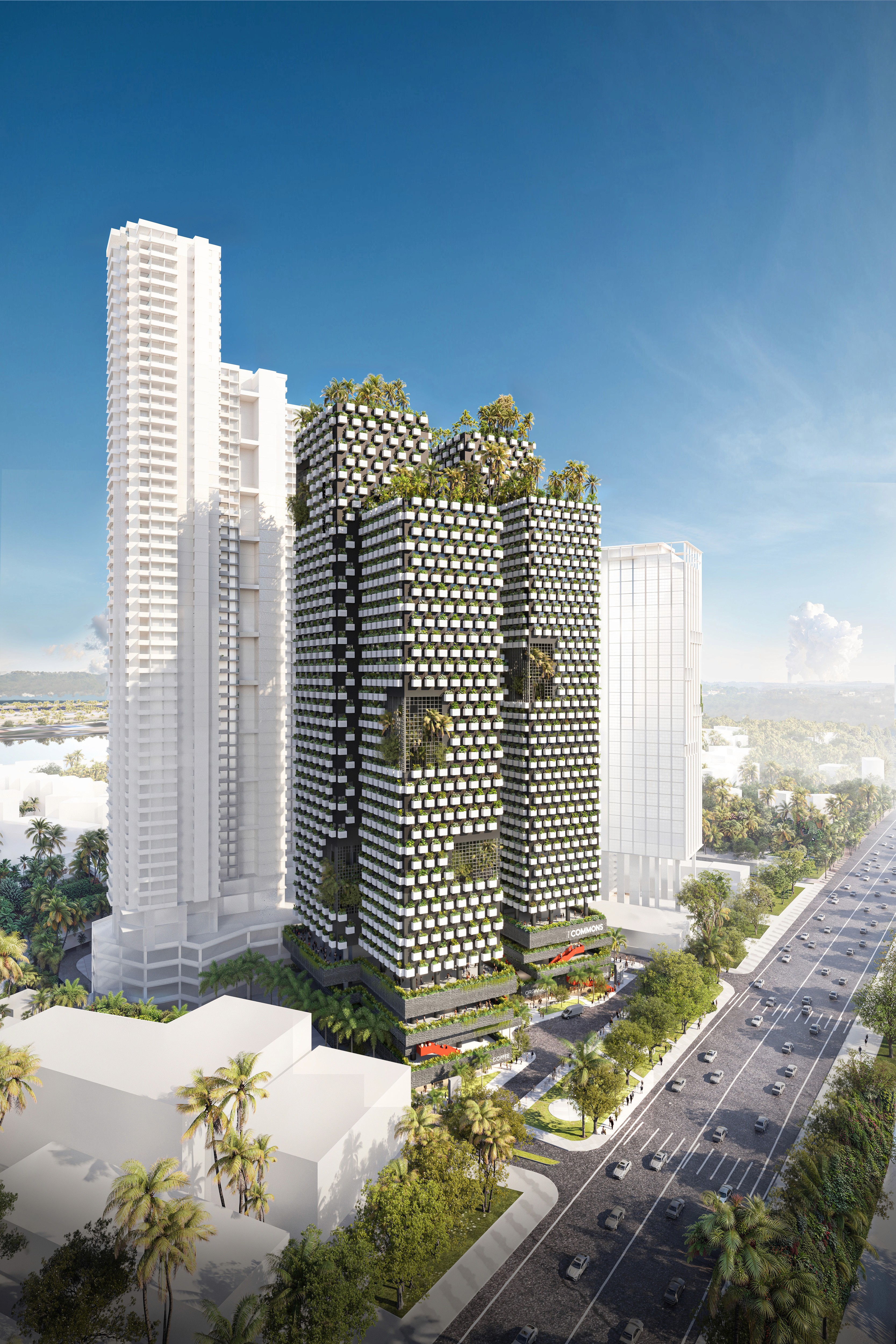 Aerial view of a mixed-use tower with dense planting, terraced podiums, and climate-responsive landscape planning for a high-density Phnom Penh site