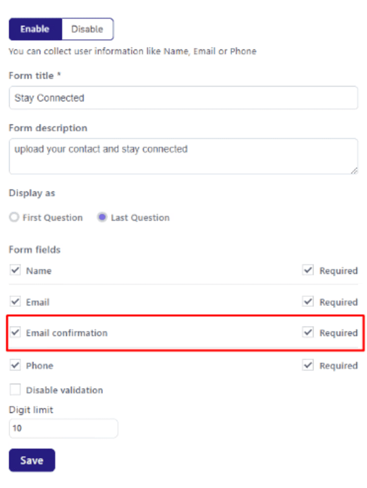 enable the email confirmation option