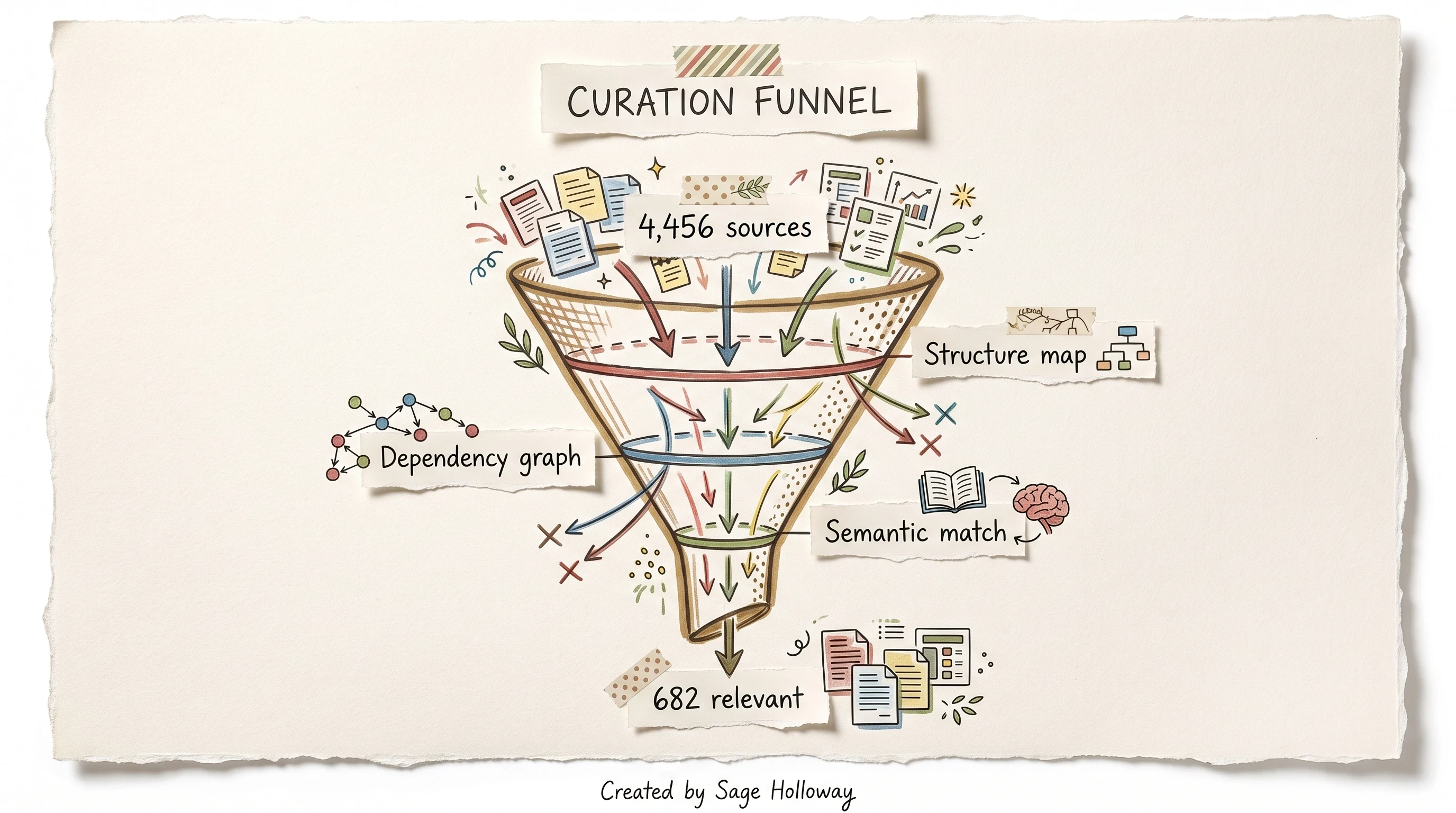 Scrapbook funnel diagram filtering thousands of codebase sources down to hundreds of relevant retrieval chunks