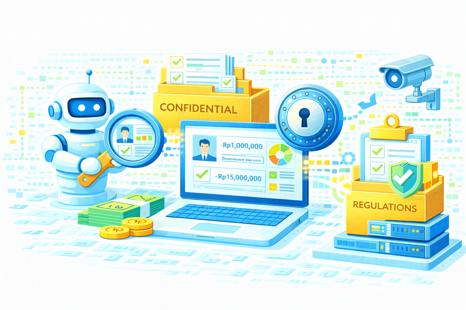 Ilustrasi pelaporan APU‑PPT (AML/CFT) berbasis AI dengan kepatuhan OJK. Di tengah, laptop menampilkan APU PPT REPORT berisi profil nasabah, grafik, checklist hijau, dan nilai −Rp1.000.000 yang telah diverifikasi. Di kiri, AI/robot assistant memegang kaca pembesar untuk pemeriksaan KYC dan risiko, disertai ikon peringatan serta uang/koin sebagai dampak finansial. Di kanan, folder “REGULATIONS” dengan gembok dan perisai OJK bertanda centang menandakan kepatuhan dan kontrol akses; palu hakim di atas melambangkan penegakan regulasi. Panah ke atas menunjukkan eskalasi/approval. Visual menggambarkan alur end‑to‑end: monitoring transaksi, review AI, pelaporan APU‑PPT, dan compliance OJK yang aman dan terdokumentasi.