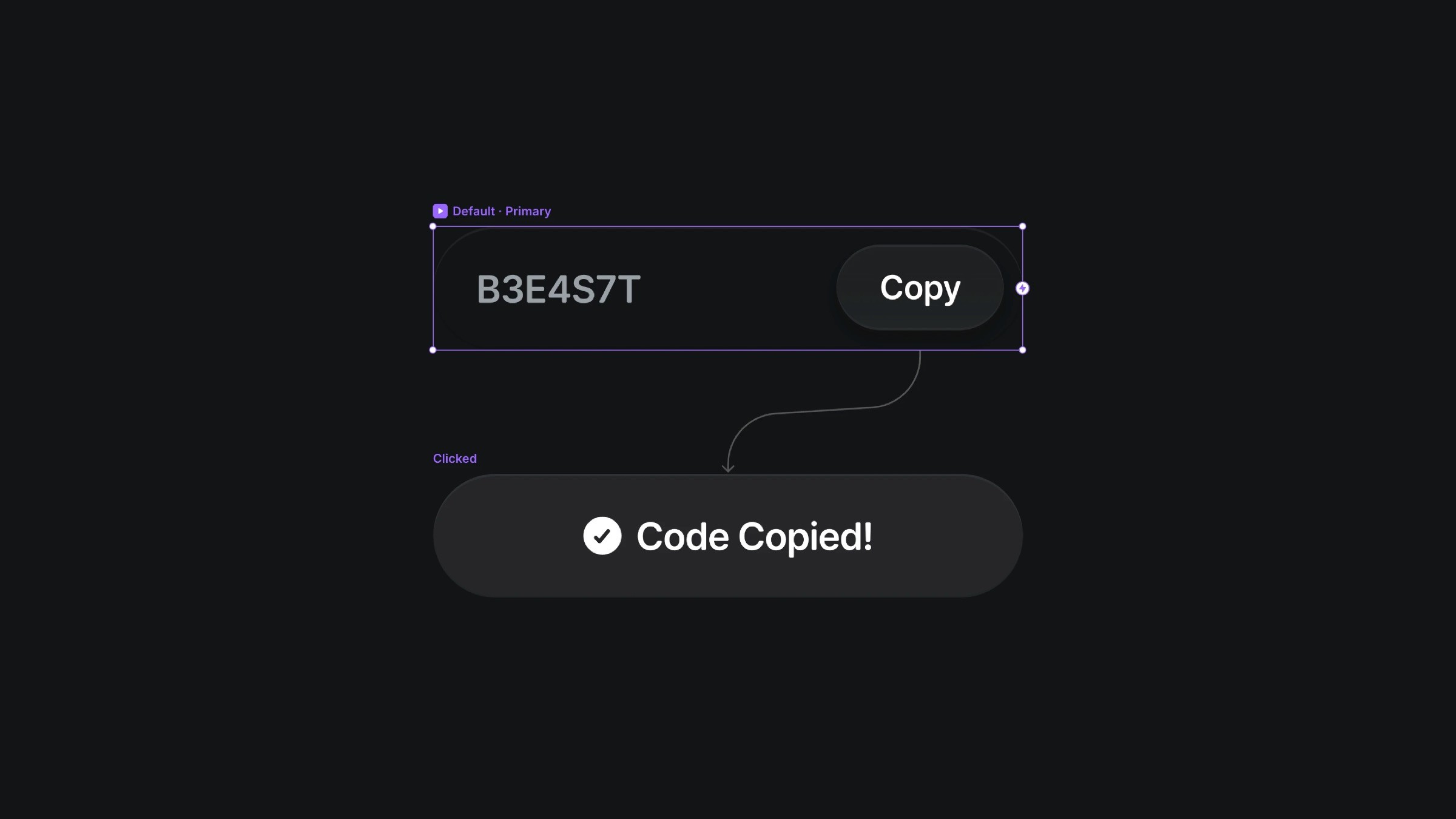 Copy button with code copied success confirmation message