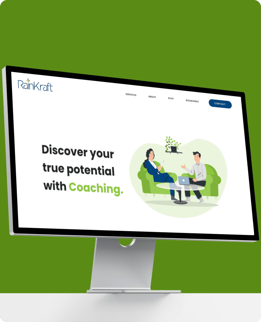 RainKraft website shown on desktop screen promoting professional coaching services with the message ‘Discover your true potential with Coaching’.