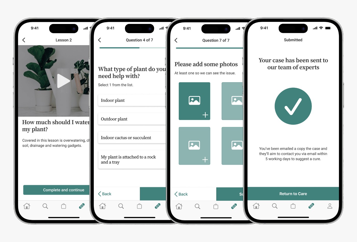 Image 3 of 3: Four high-fidelity screen mockups displayed on iPhone device frames, showing the final UI design for the app. The screens demonstrate the polished visual design with full colour, typography, imagery, and interface elements applied, illustrating how the app would appear to users in a finished state.