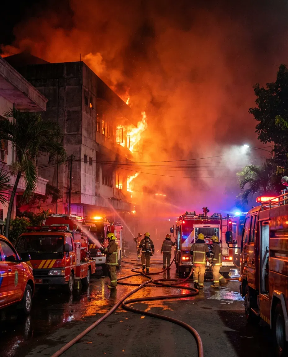 Emergency responders and firefighters at the scene in Manado.