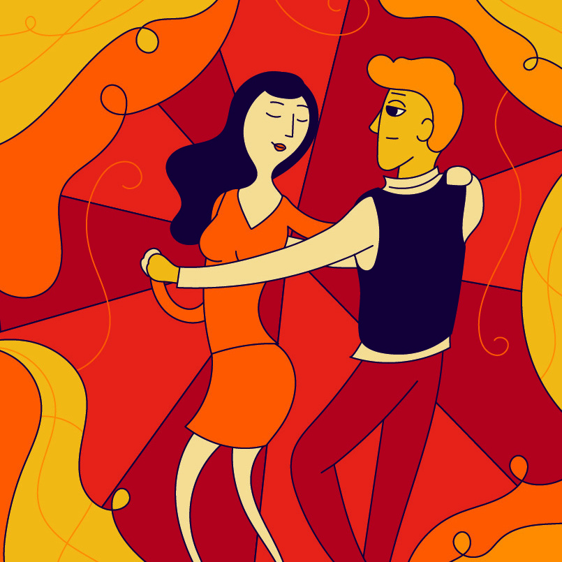 Illustration of a couple dancing Salsa. Simple vector illustration in a red-yellow palette.
