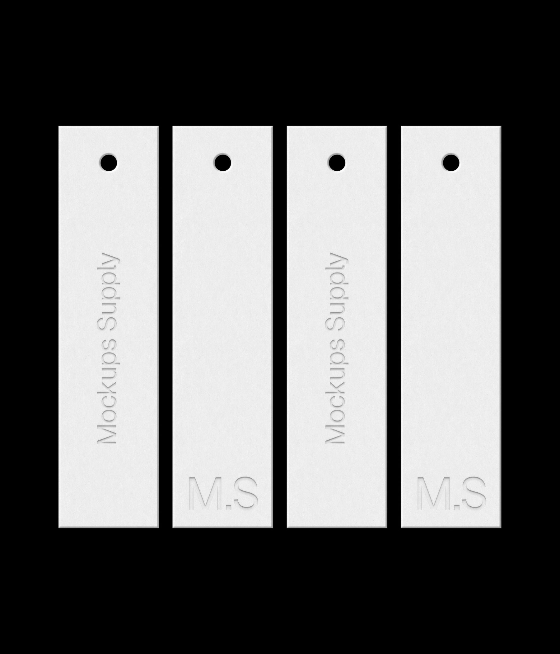 Four white 1x4 slim hang tags mockup on black background with debossed text effect for Photoshop download psd