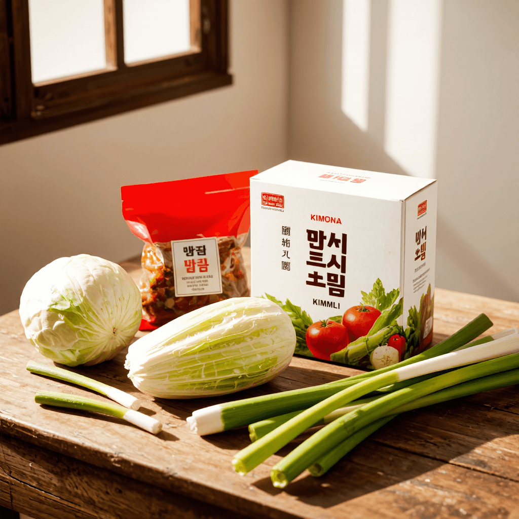product photography of a box of kimchi and a bag of kimchi
