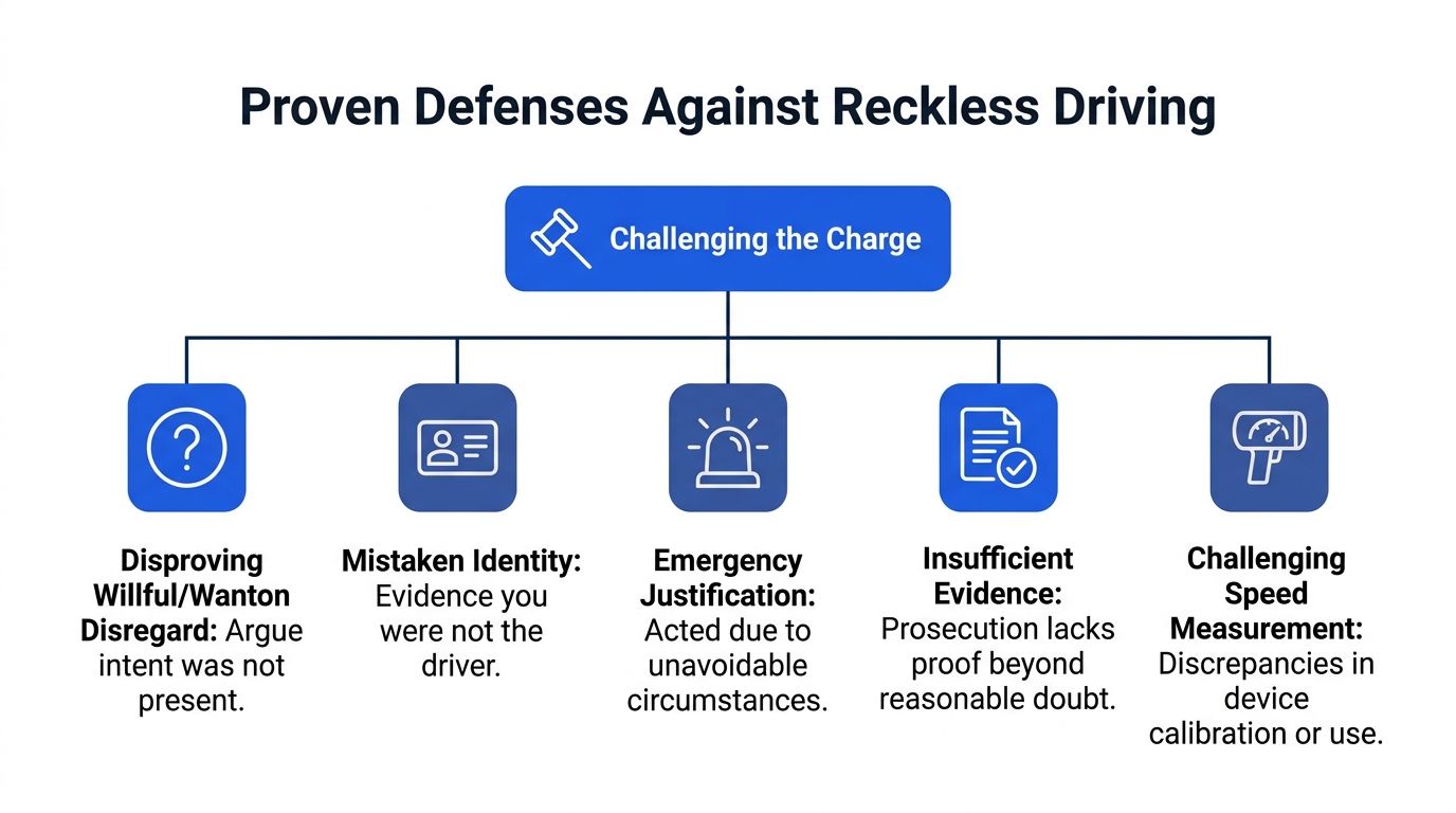 An infographic showing five effective legal defense strategies against reckless driving charges with descriptive icons.