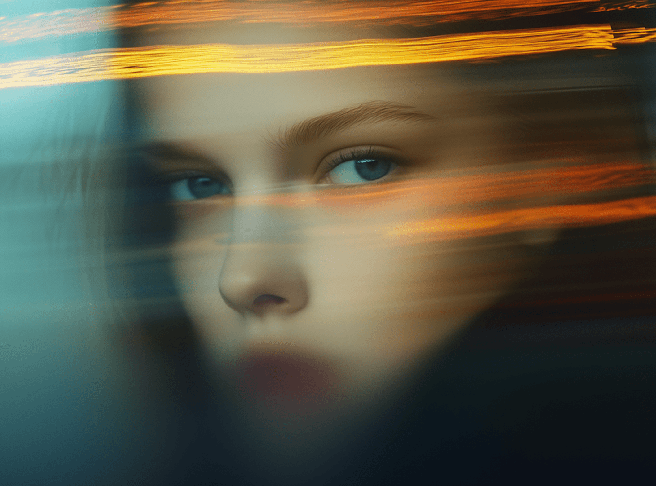 A blurry photo of a woman with a striking blue eye, creating an intriguing and mysterious effect.