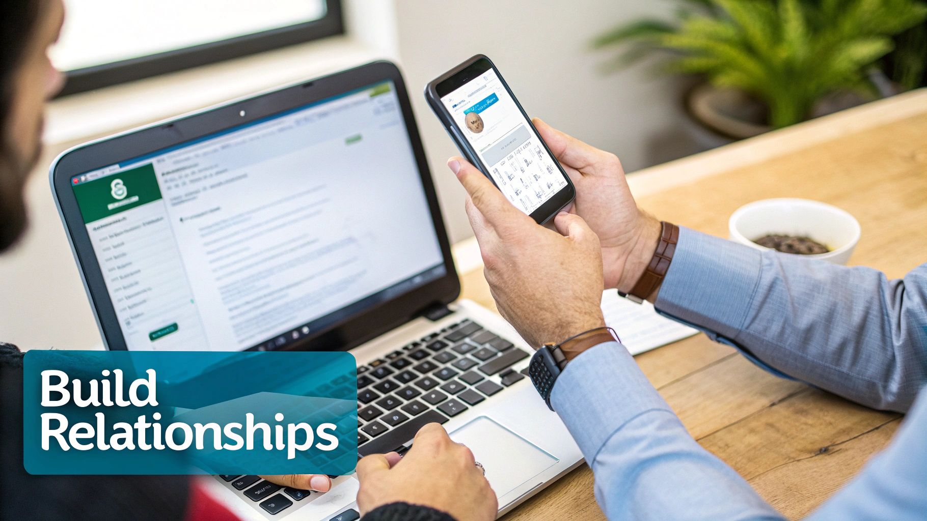 Man using a laptop and smartphone for professional networking and building relationships.