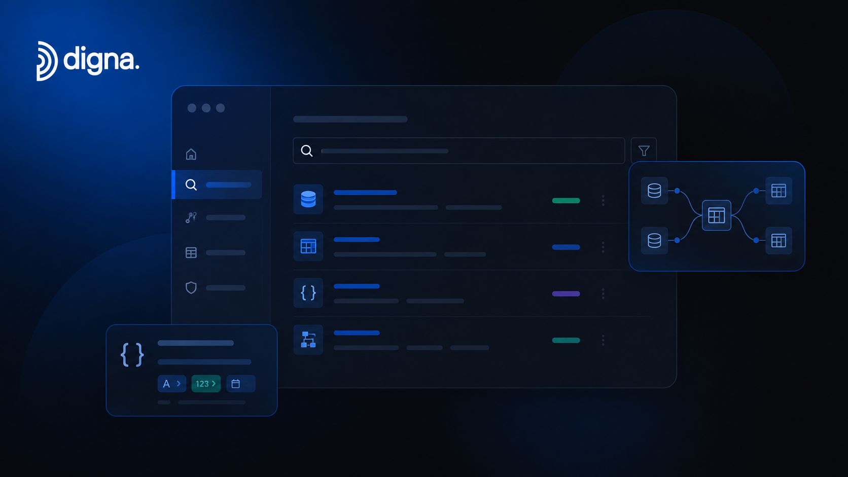 A sleek digital interface displaying a data catalog with search, categorization, and visual flow mapping features.