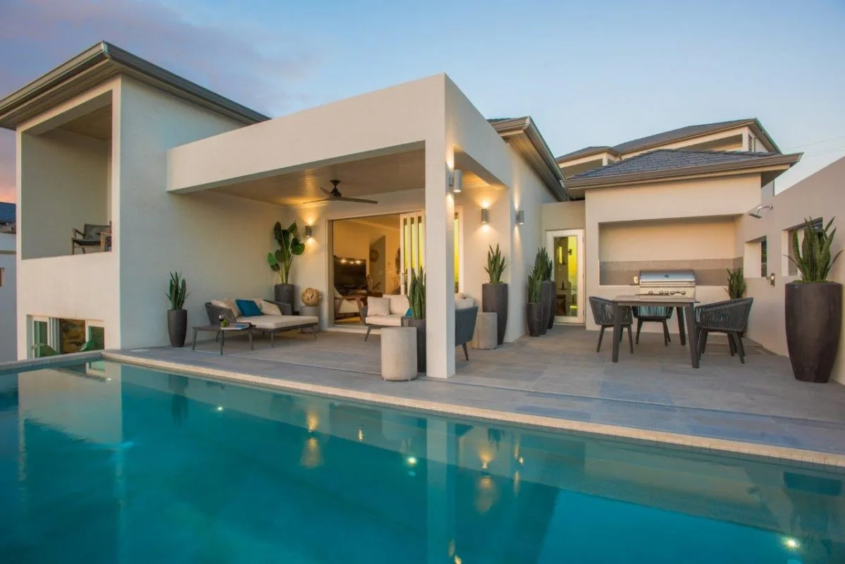 Poolside outdoor living and dining area of completed resort villa at Calivigny Point Grenada