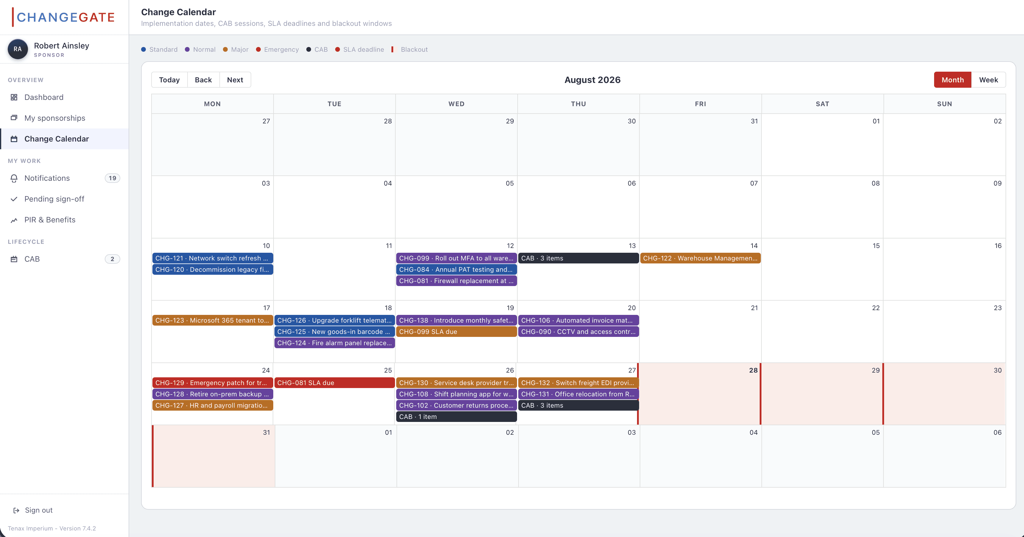 ChangeGate change calendar: implementation dates, CAB sessions, SLA deadlines and blackout windows across August 2026