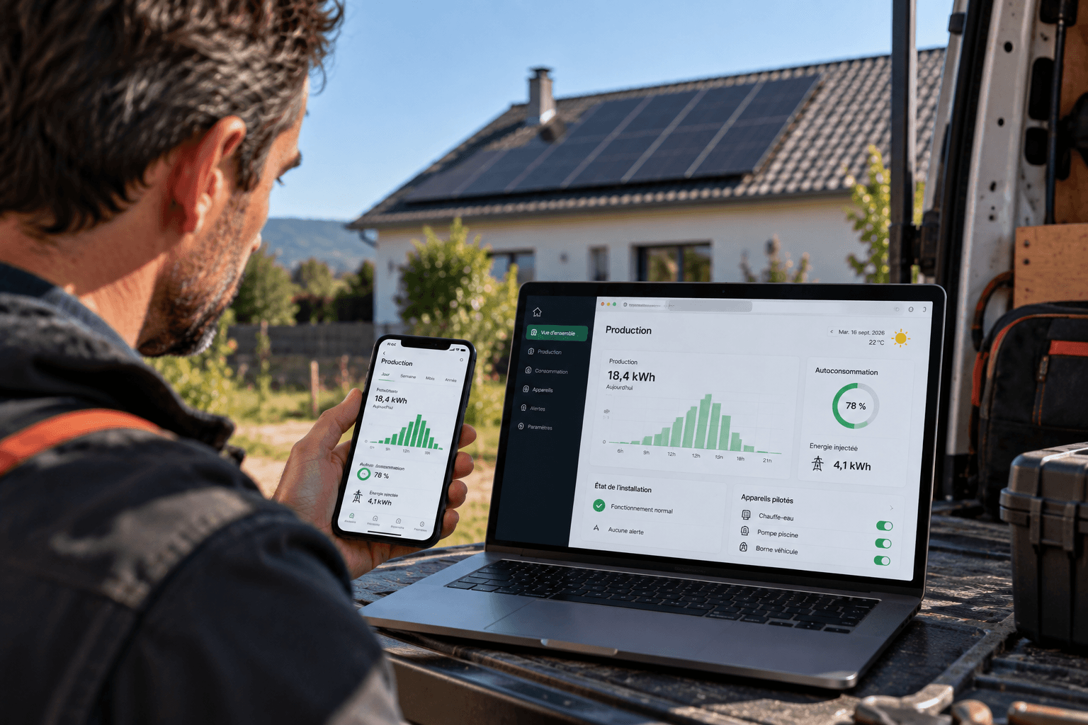 photo d'une personne suivant à distance son installation solaire