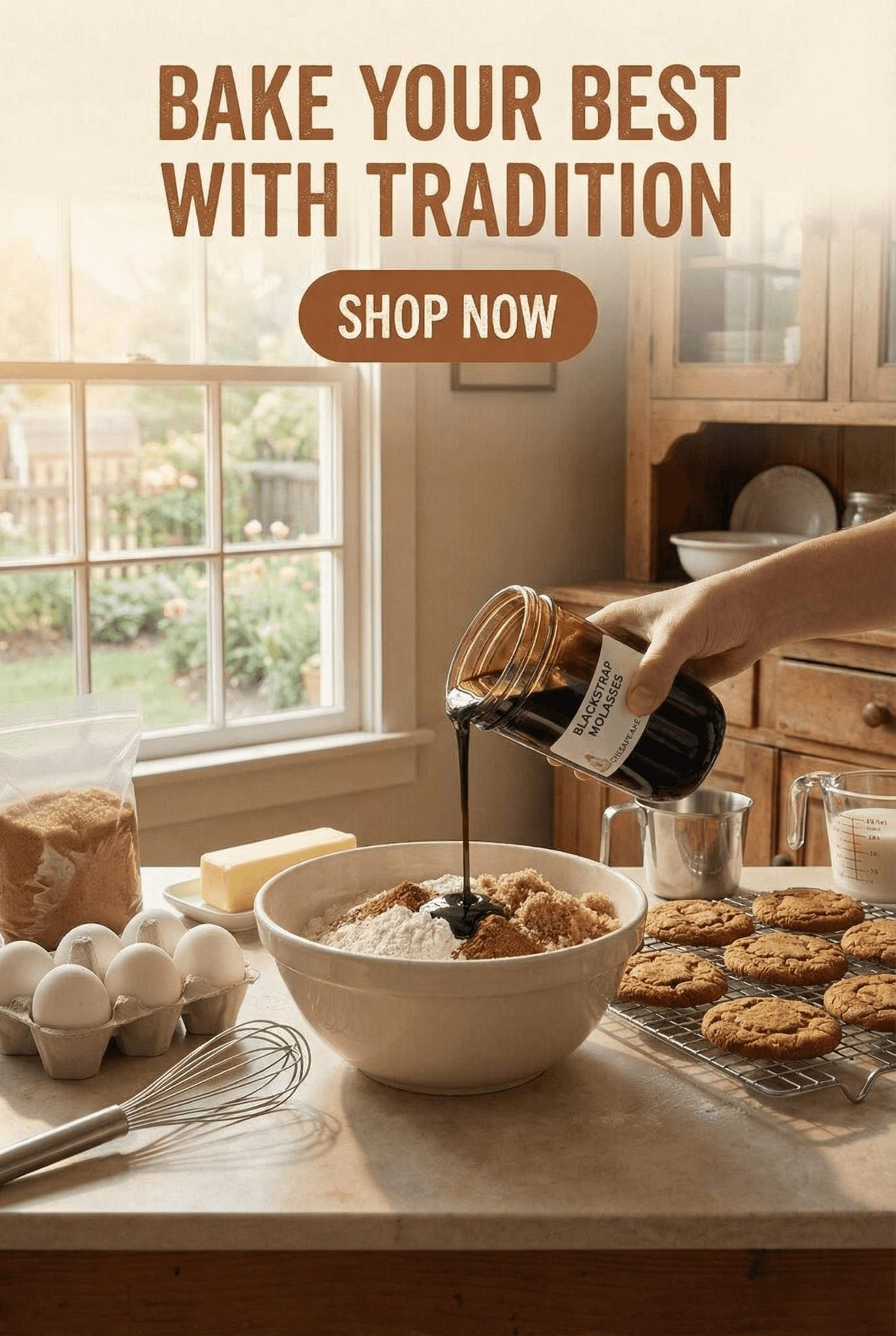 A hand pours molasses into a mixing bowl with flour and sugar, on a kitchen counter with eggs, butter, and cookies. Text: "Bake Your Best with Tradition."