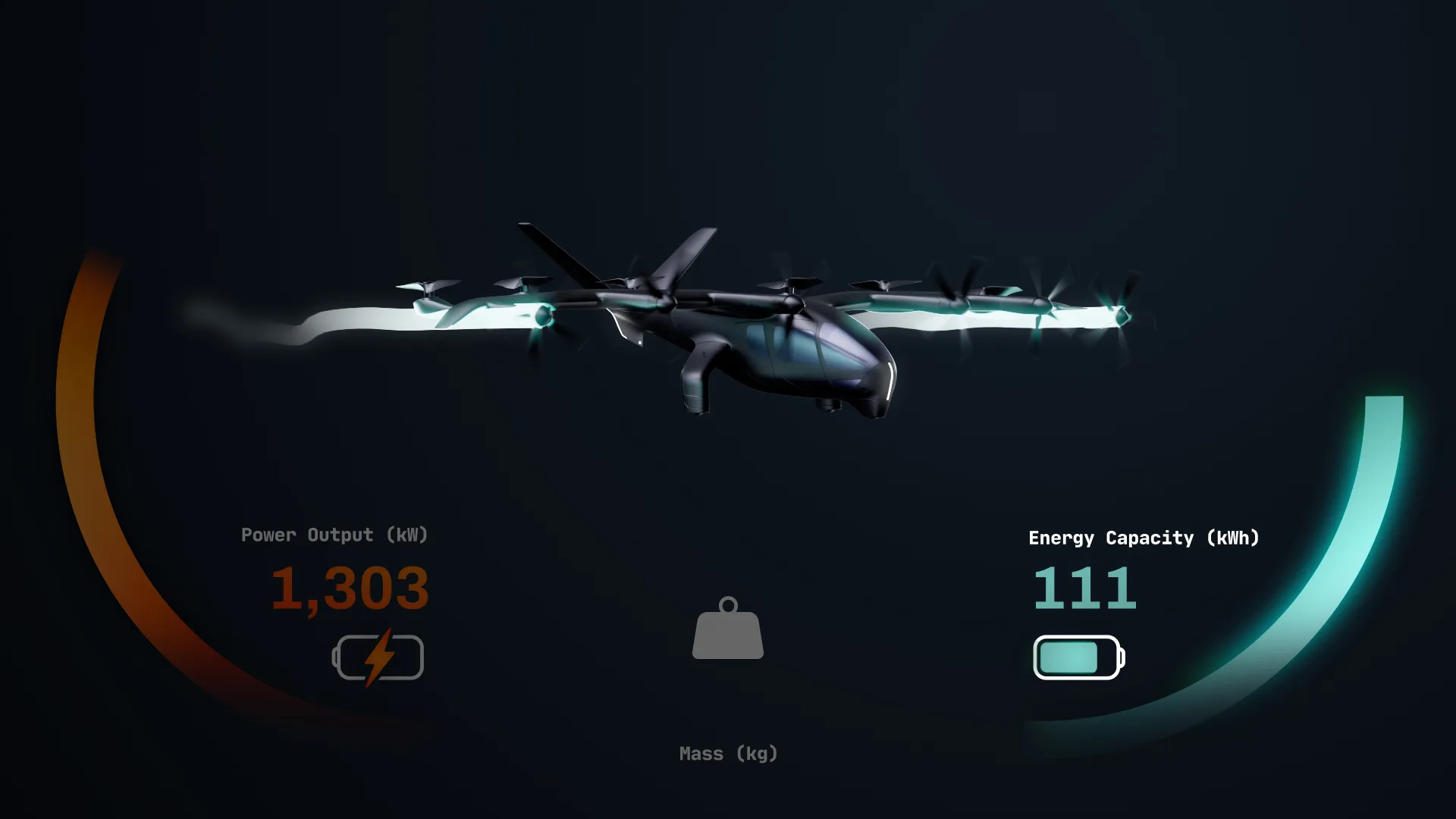eVTOL aircraft in forward flight with energy capacity and power output data visualization